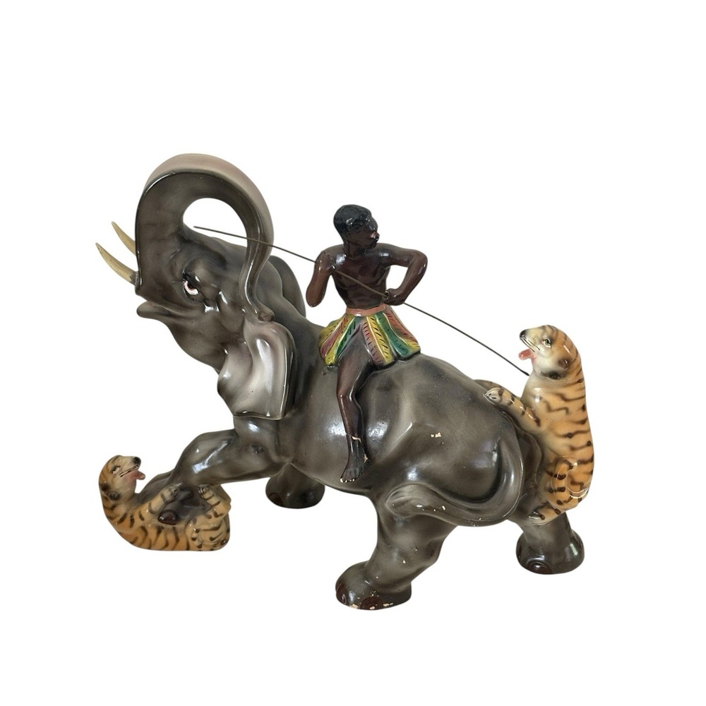 MCM 1950s Blackamoor Portuguese Ceramic Elephant Tiger Battle Figurine Statue